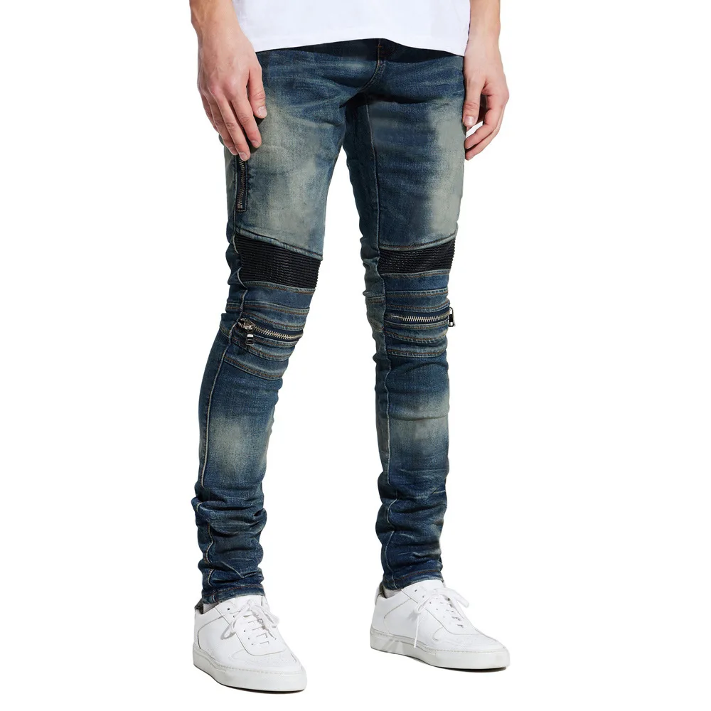 Personality Retro Wash Old Pleated Splicing Zip Decoration Men's Slim Fit Small Feet Joggers Street Wear Pencil Jeans For Men