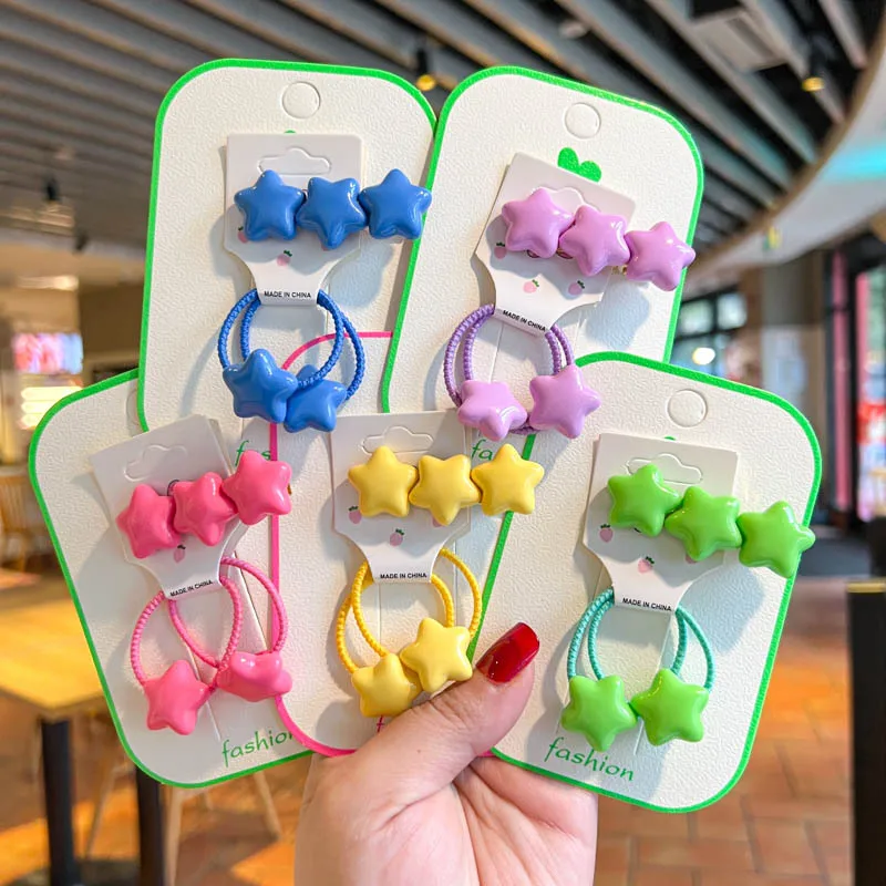 

2023 New Spring Summer Candy Star Hairpin+ Elastic Hair Bands for Baby Girls Rubber Band Headwear Kids Hair Accessories Gifts