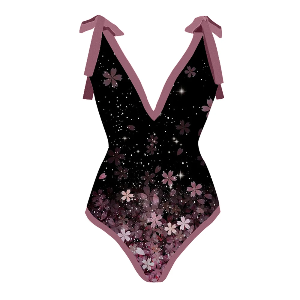

Fashion V-Neck Floral Gradient Print Single Piece Triangle Micro Sexy Low Waist Swimsuit Black Star Summer Beach Women Cover Up