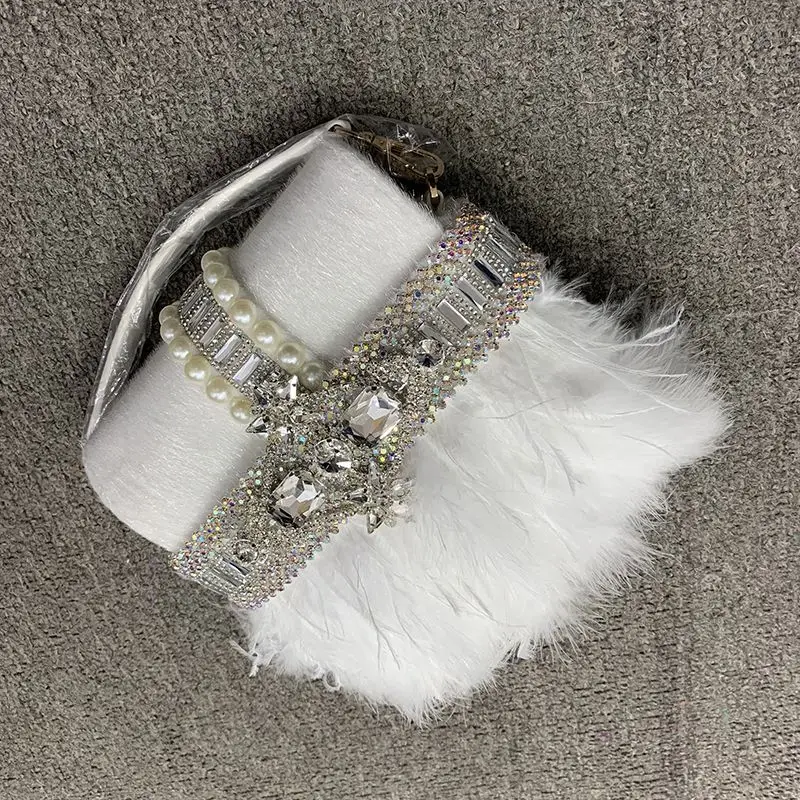 

Luxury Real Ostrich Feather Box Shape Party Clutch Evening Bag Chic Design Purses Handbags Female Chain Shoulder Bag Wedding