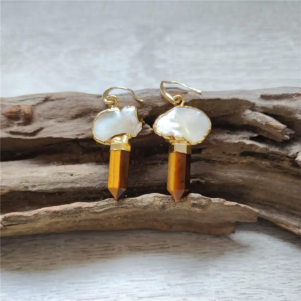 FUWO Wholesale Freshwater Pearl Crystal Earrings,Gold Color Trimmed Natural Stone Point Jewelry For Women ER545 5Pairs/Lot