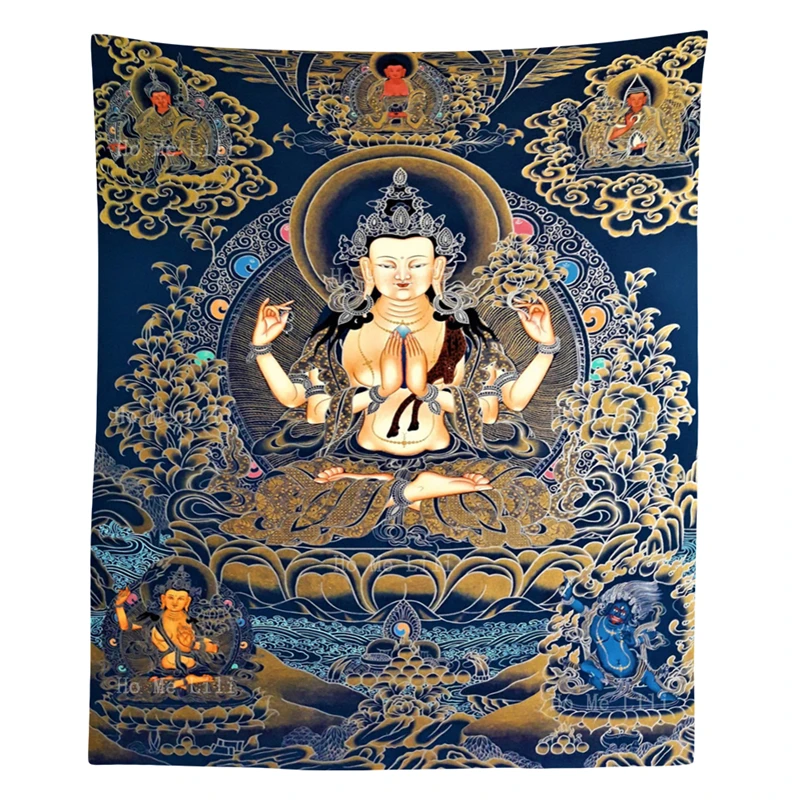 

The Four Armed Avalokitesvara Blue Buddhist Om Mani Padme Hum And Seventeen Nalanda Masters Wall Hanging Tapestry By Ho Me Lili