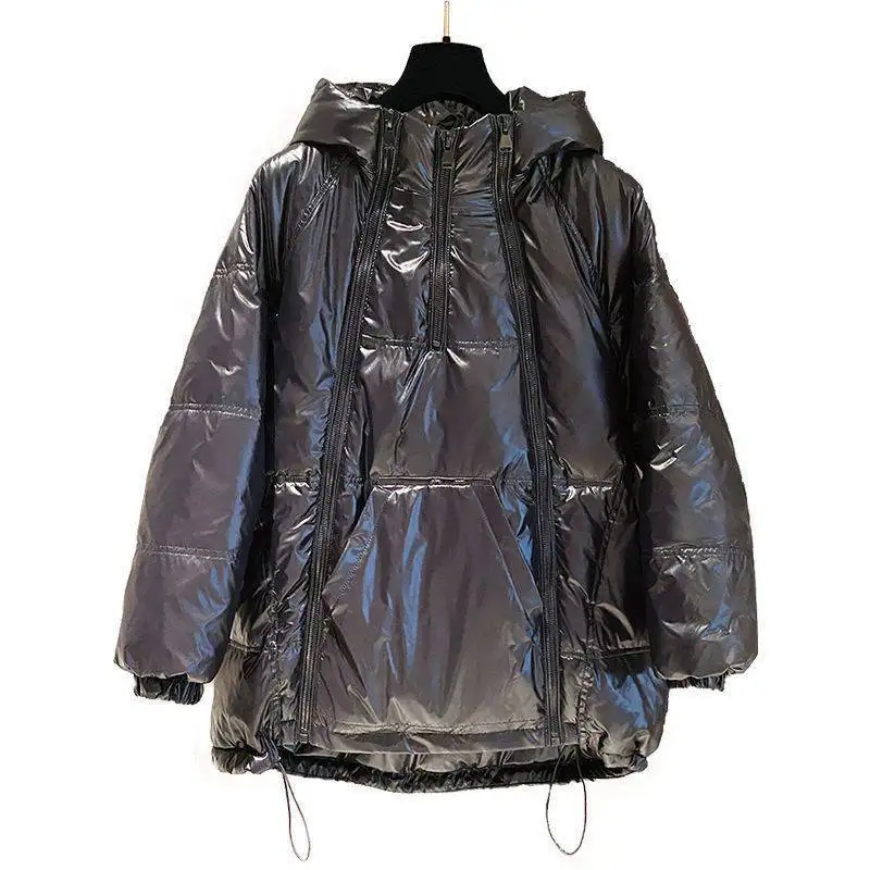 

Down cotton clothes women's winter new Korean version of white duck down hooded double zipper medium length thickened coat women