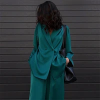 clothland ins hot long sleeve blouse pants suit double breasted shirt high waist long trousers two piece office wear set tz581