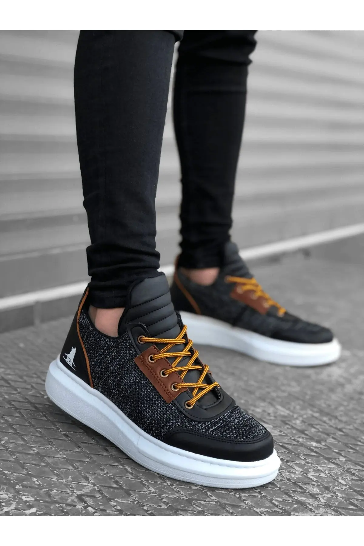 Men Fashion Trainers Casual Shoes, Men Canvas Driving Shoes, Lace-up Comfortable High Sole Black Scalloped Casual Men's Sneakers