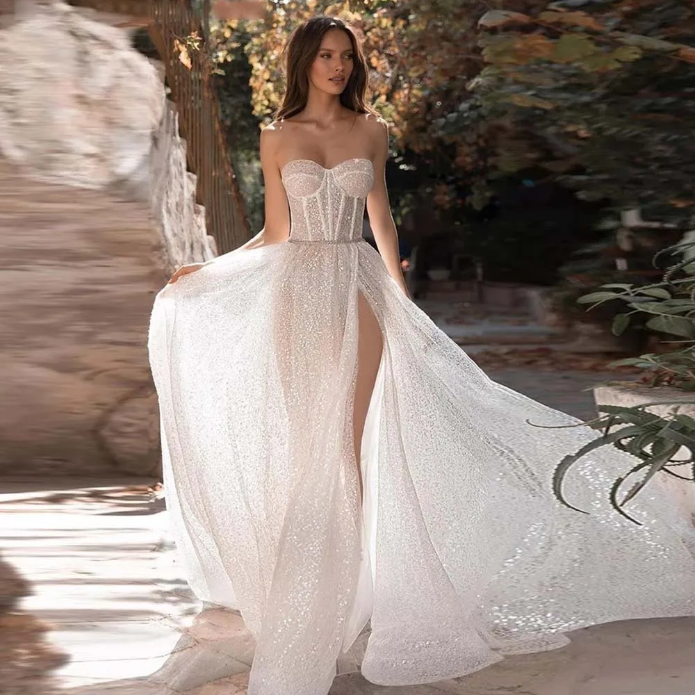 

Mordern Wedding Dresses 2022 Sweetheart High Split Bridal Gown For Women Sweep Train A-line Sparkle Summer Bride Dress Customed