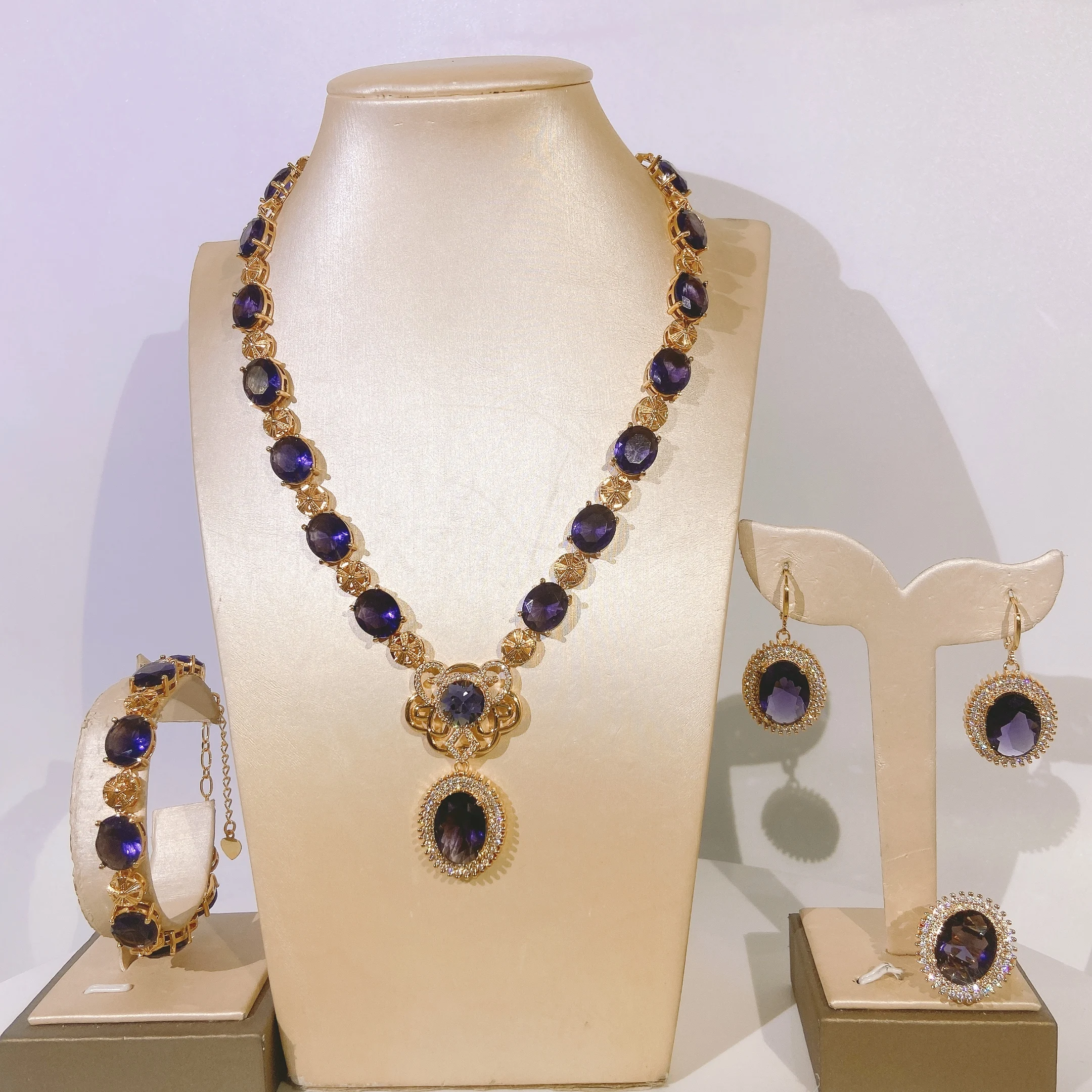 

Yulaili Women's Purple Gem Jewelry Set Wedding Necklace Bracelet Earrings Ring Jewelry Set