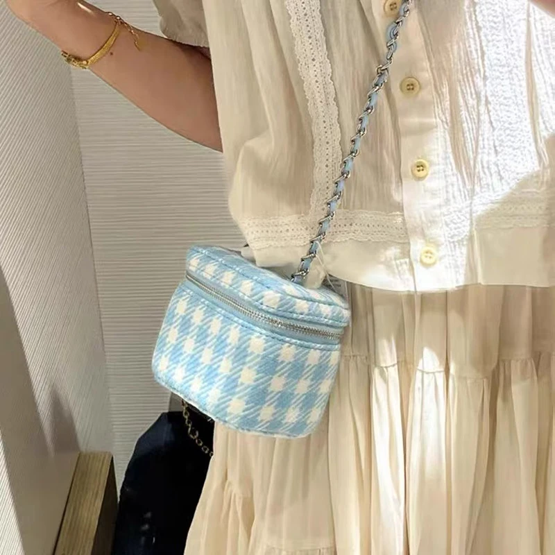 

Dinner Party Ladies Mini Fragrance Luxury Chain Bag Pink Blue Plaid Grid Fashion Checkered Bucket Bag Design Branded Clutch Sac