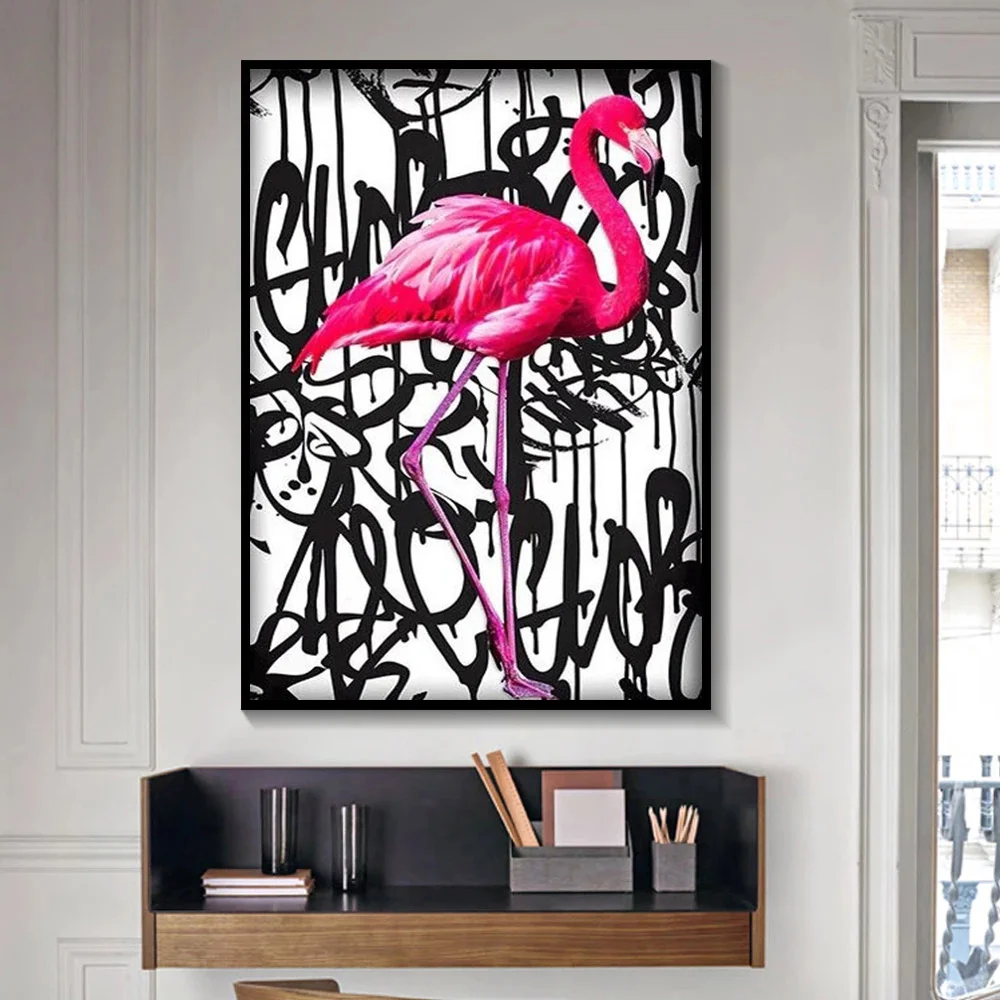 

Flamingo Street Graffiti Art Canvas Painting Animal Posters And Print Wall Art Funny ink Pictures Bedroom Home Wall Decor