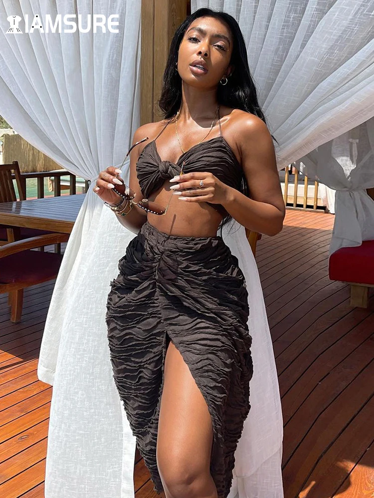 

IAMSURE Holiday Beach Style Folds Dress Set Women Sexy Slim Solid 2 Pieces Set Clubwear Sleeveless Crop Tops Split Midi Skirts