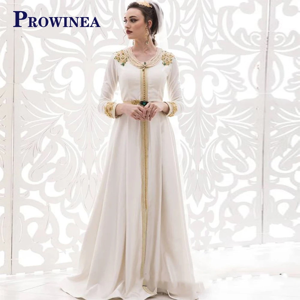 

PROWINEA Elegant White Lace Long Sleeves Evening Dress For Muslin Women Boat Neck Formal Party Prom Abendkleider Made To Order