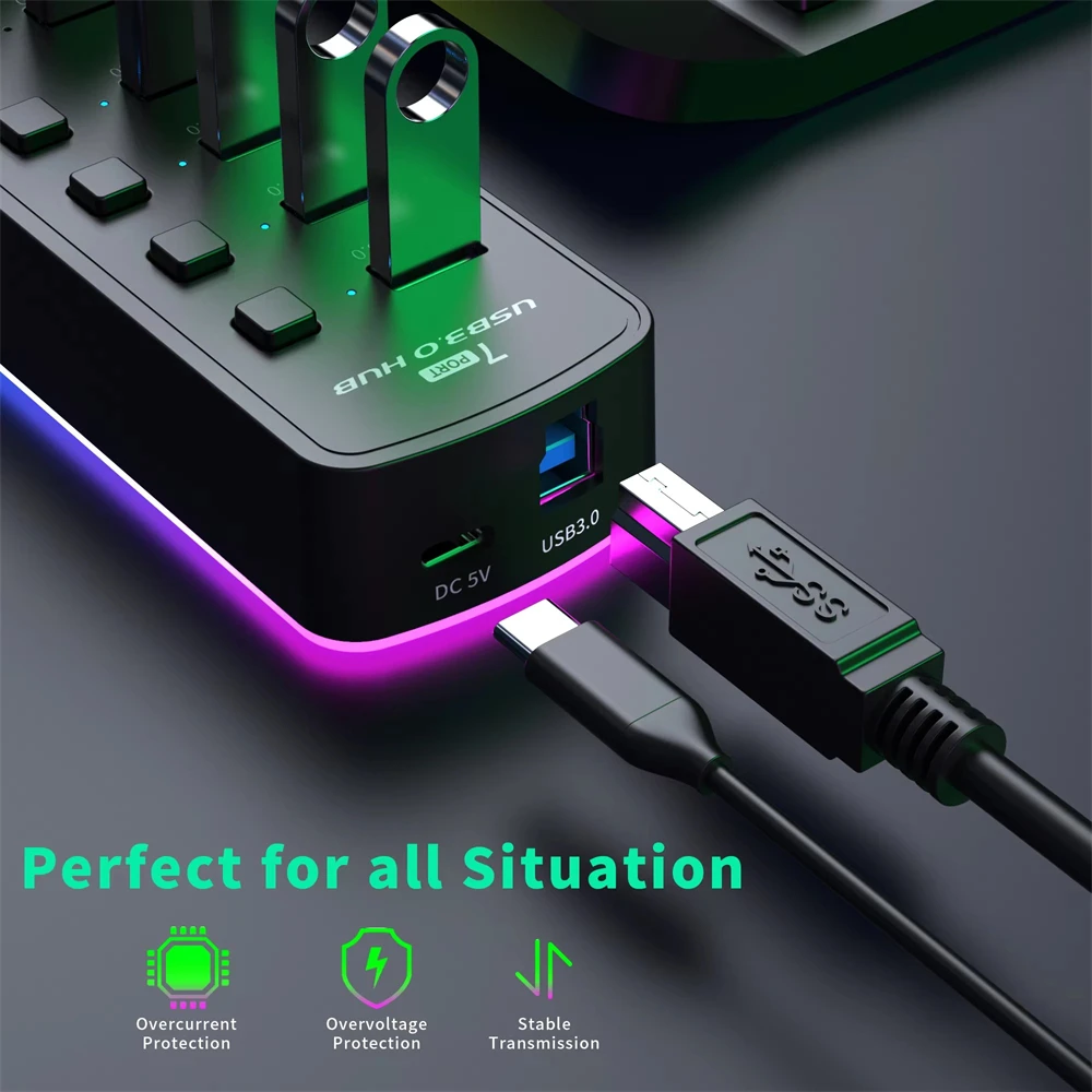 Фото USB-хаб на 7 портов USB 3.0, 5 Гбит/с, высокоскоростной USB-разветвитель с индивидуальными переключателями вкл/выкл для ПК, компьютерных аксессуаров, SSD, RGB USB-хаб №3