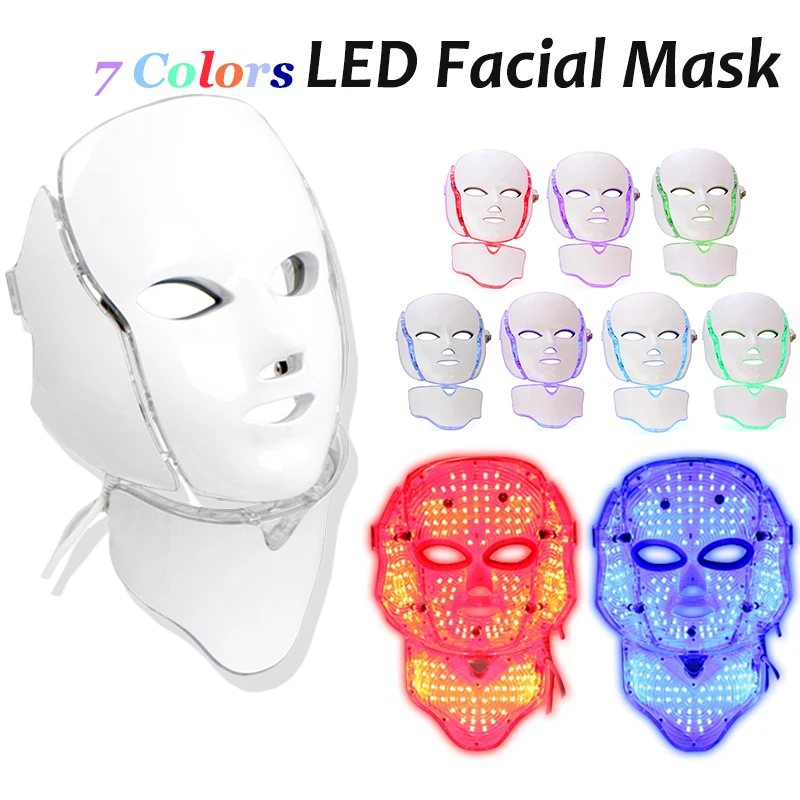 PDT 7 Colors Light LED Facial Mask With Neck Face Whitening Anti-Acne Wrinkle Removal Skin Rejuvenation Phototherapy Beauty Tool