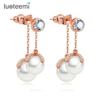 luoteemi romantic sea shell double pearls pendant with singer round cz crystal drop earrings vintage dangle brincos christmas