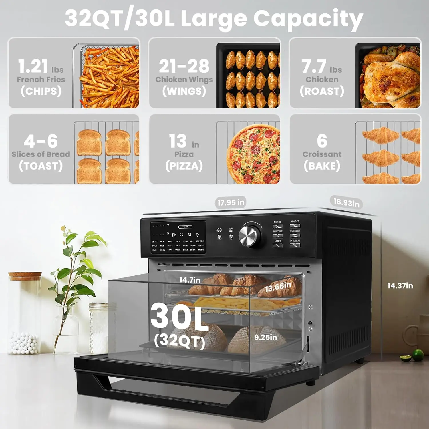 

OIMIS-X-Large Air Fryer Oven, 32QT, Toaster Oven, Rotisserie Oven, Black Combo, 21 in 1 Countertop