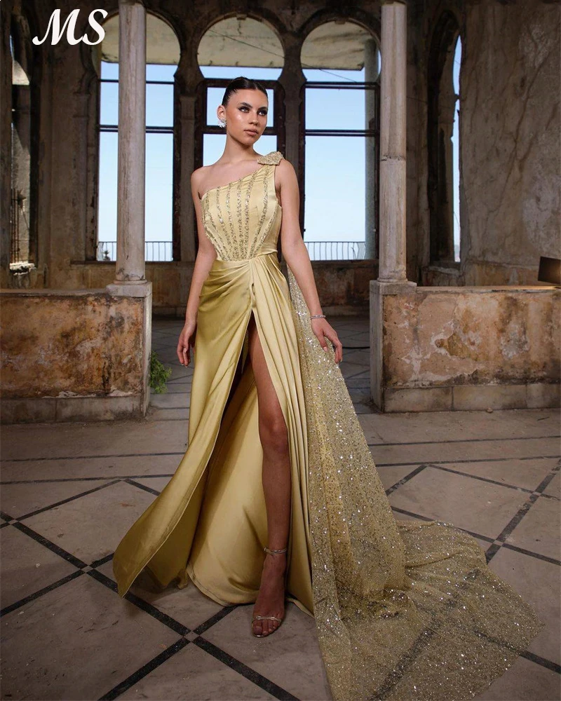 

MS A Line Yellow Satin Evening Dresses One Shulder With Beads Sequin Attachable Train Exquisite Prom Party Gowns Women Leg Slit