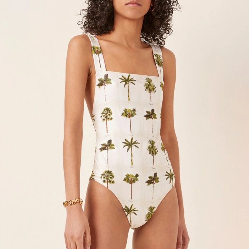

Embroidery Print One Piece Swimsuit High Waist Slim Sling Bikini Elegant Sexy Backless Swimwear Retro Square Neck Fashion 2022