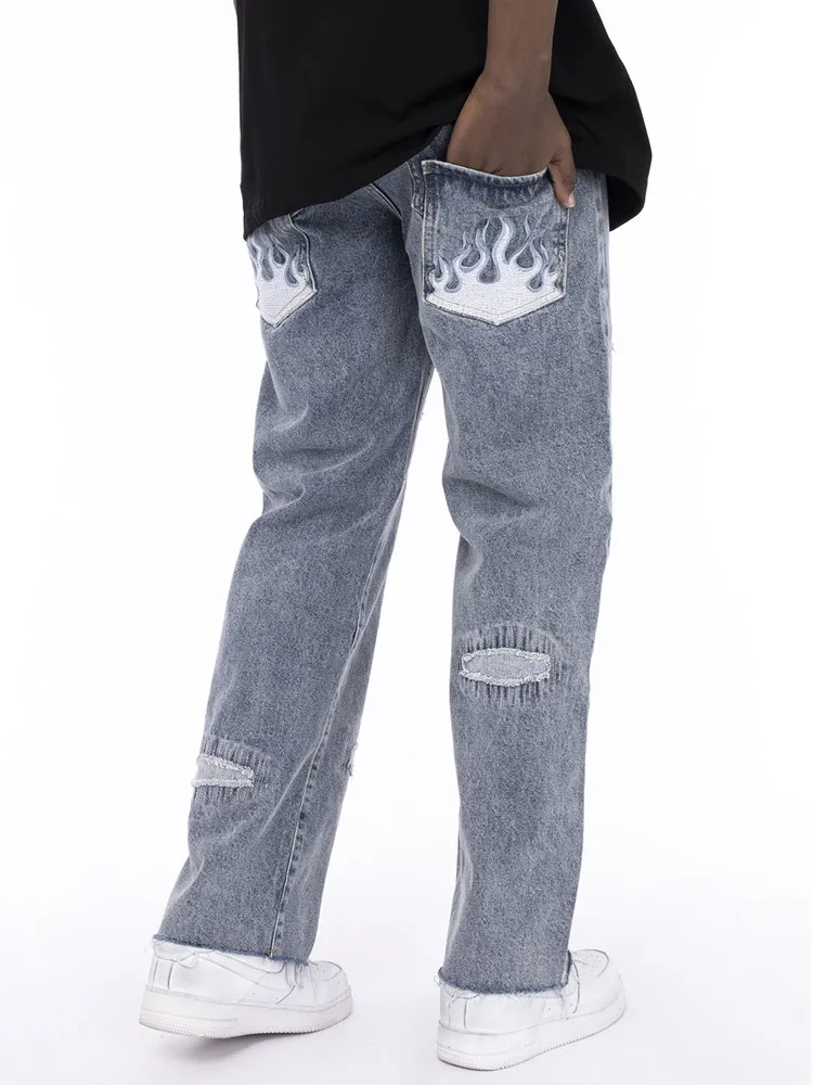 Jean Vintage Flame Blue Jeans Denim Baggy Men Man Pants Streetwear Casual Y2k Embroidered Trendyol Print Trousers Women's Men's