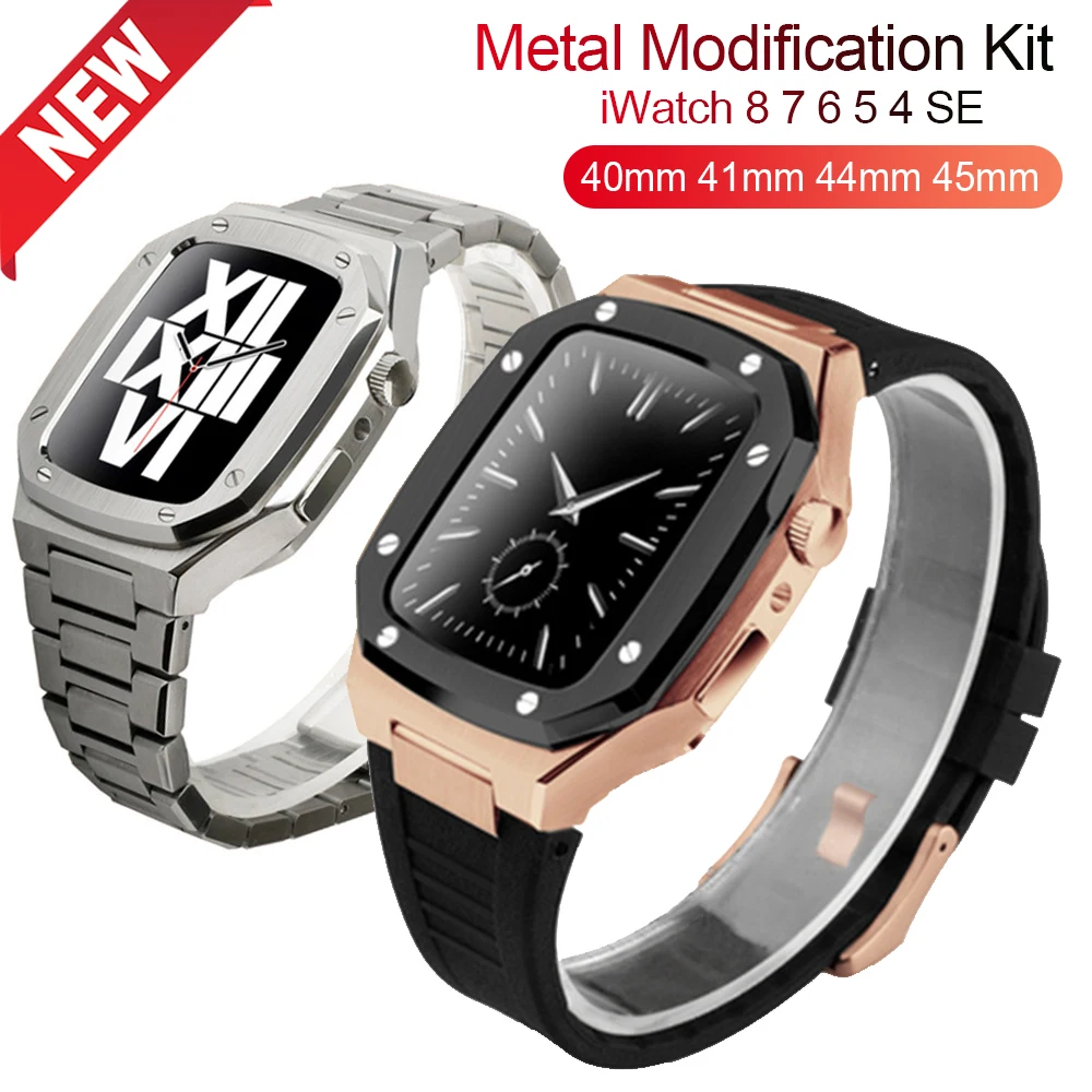 

Luxury Metal Case+Rubber Strap for Apple Watch Band 8 7 41mm 45mm Stainless Steel Strap Modification Kit for IWatch 40mm 44mm