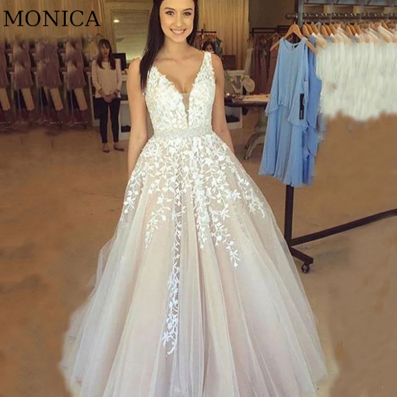 

MONICA A-LINE Wedding Dress V-neck Sleeveless Backless Appliques Bride Gown Floor-Length Court Train Vestido De Novia For Women