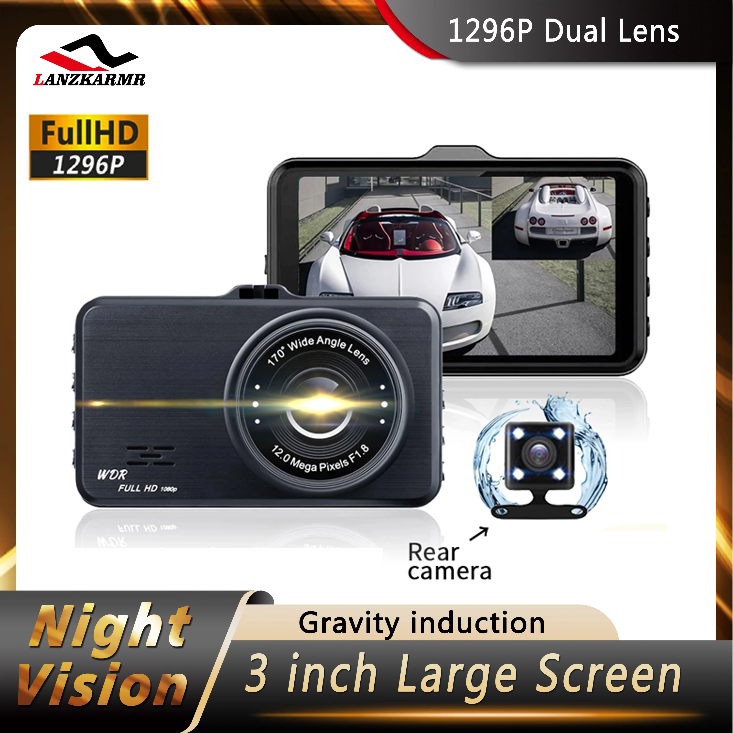 

Dashcam FHD 1296P Car DVR 3 Inch Rear View Loop Recording G-Sensor Dual Lens Auto Camera Registrator Camcorder Video Recorder