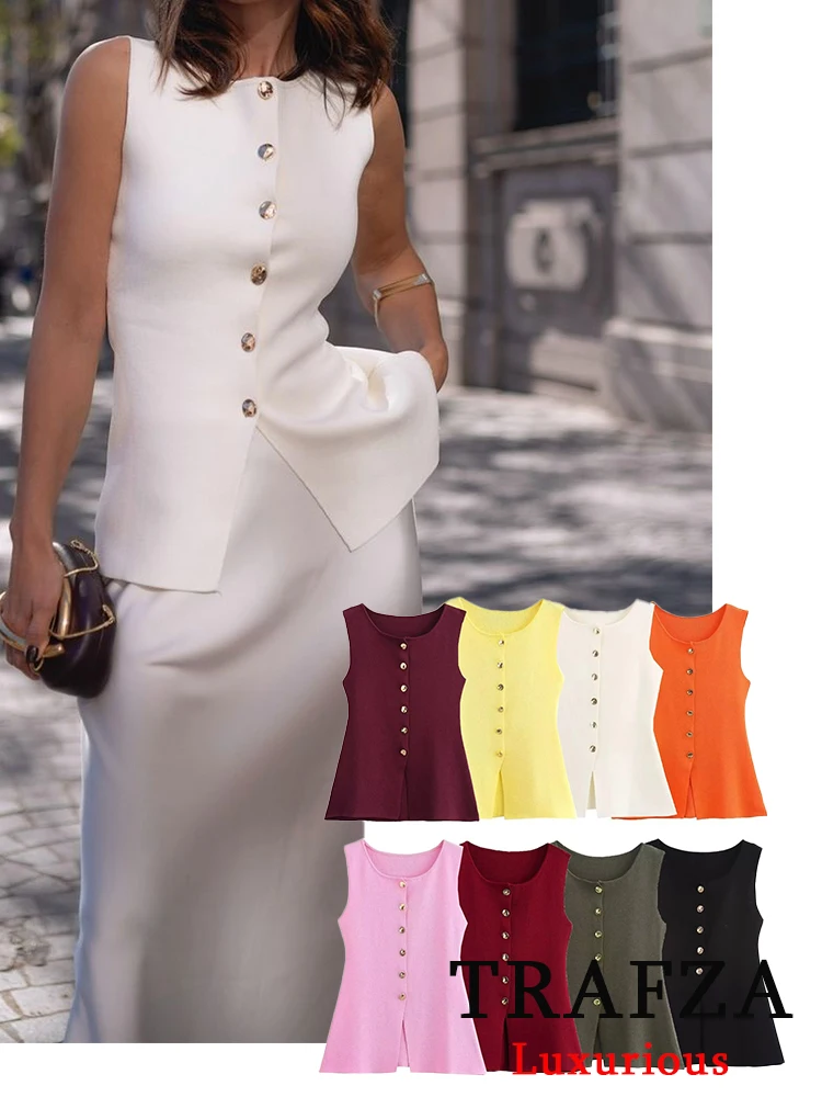 TRAFZA винтажный повседневный шикарный красный женский жилет однотонный вязаный