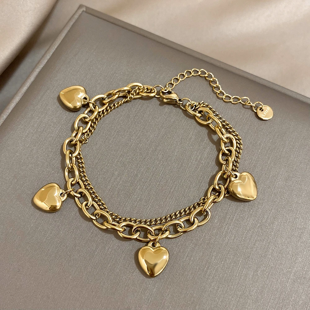 Stainless Steel Heart Pendant Cuba Link Chain Bracelet Bangles For Women Girls Gold Color Love Charm Bracelets Jewelry Gift