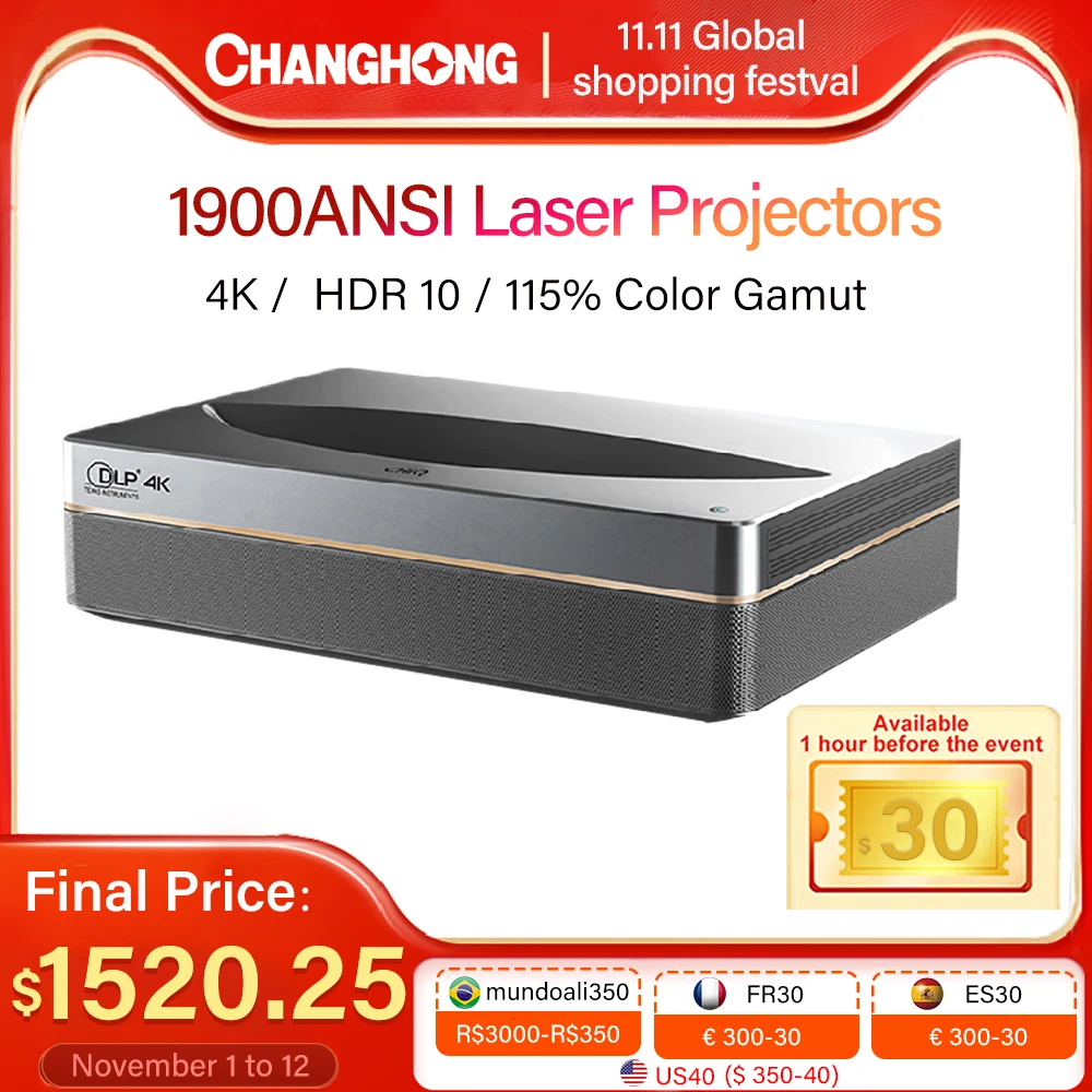 

Changhong CHIQ B5U 1900ANSI лазерный проектор 4K Ультра-Короткий бросок HDR10 Smart TV 3 + 64G 5G WIFI 10 Вт динамик домашний кинотеатр
