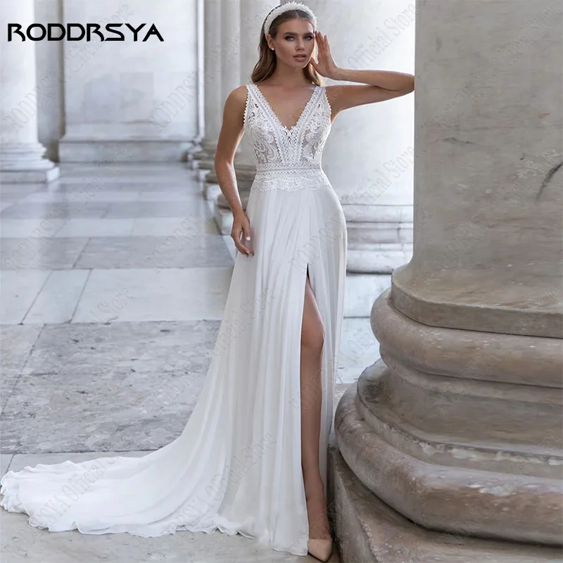 RODDRSYA Chic Chiffon Wedding Dresses High Slit Appliques Illusion robe de mariée bohème Lace Princess Bridal Gowns Custom Made