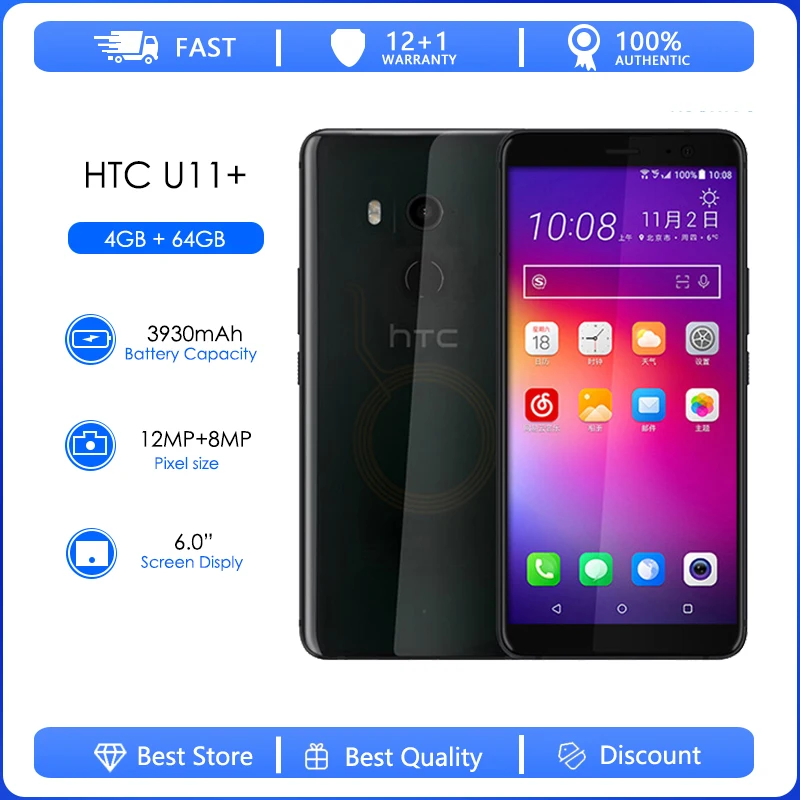 

HTC U11+ Refurbished- Original 6.0" inch 4GB RAM 64GB Octa Core Wi-Fi 4G LTE Android phone factory unlocked 12MP cellphone