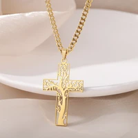 punk tree branch hollow cross pendants necklaces for women stainless steel chain choker vintage necklaces jewelry gift