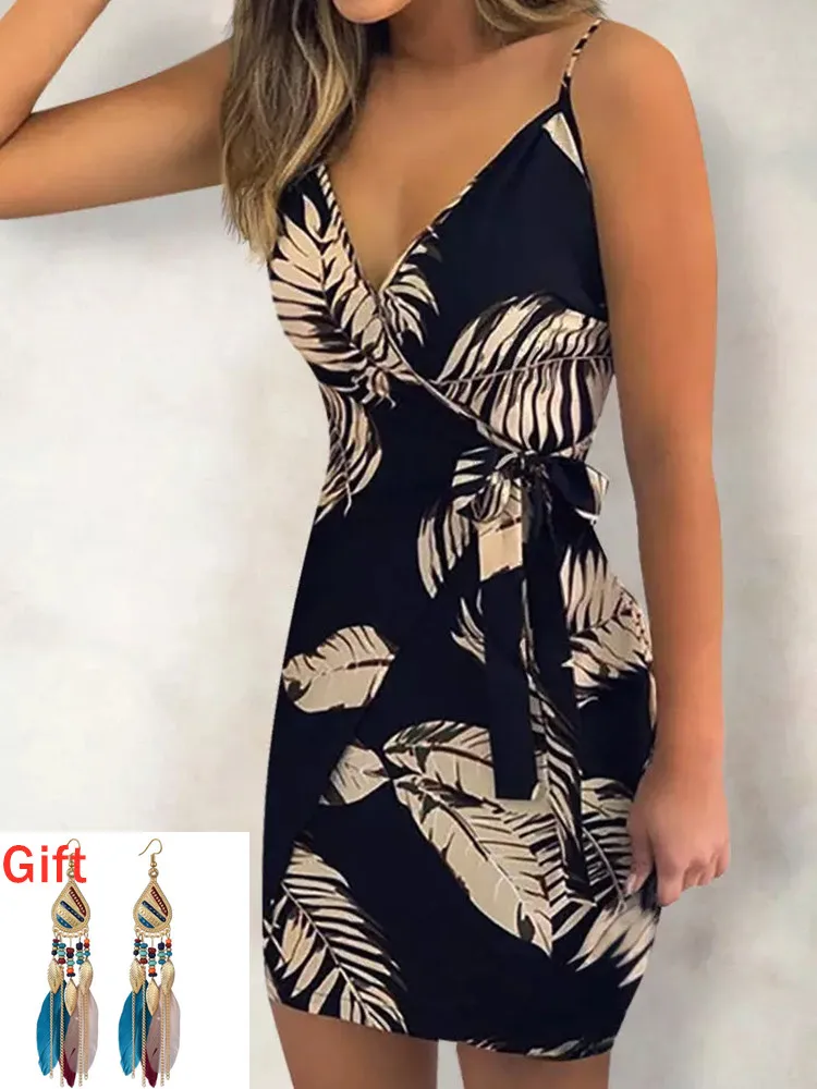 

Summer Party Evening Dress Palm Leaf Spaghetti Strap Wrap Mini Dresses For Women Sexy V-Neck Robe Vestidos Gift Pair Of Earrings