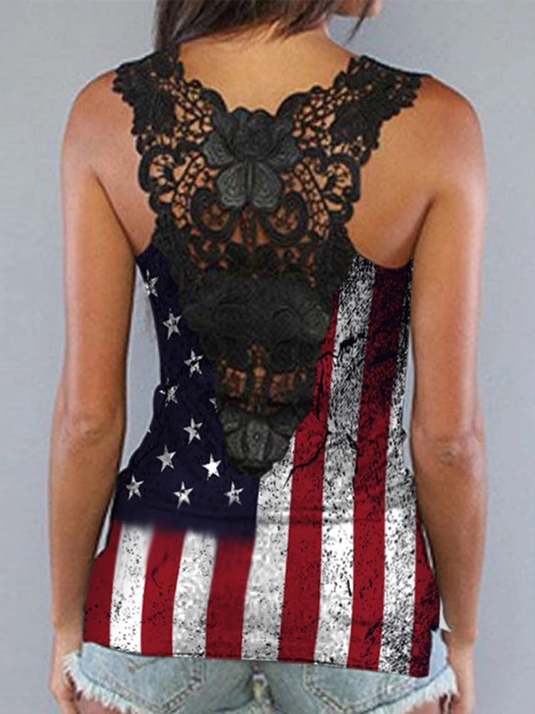 Sexy Lace Splicing Tank Tops Shirts for Women American US Flag Sleeveless Open Back Cutout Top Cami Summer Blouse Racerback Tank