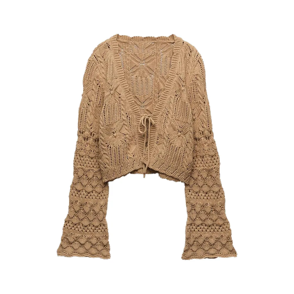 

Zach AiIsa's new women's temperament V-neck bow decorated with retro hollow knitted long-sleeved casual cardigan jacket