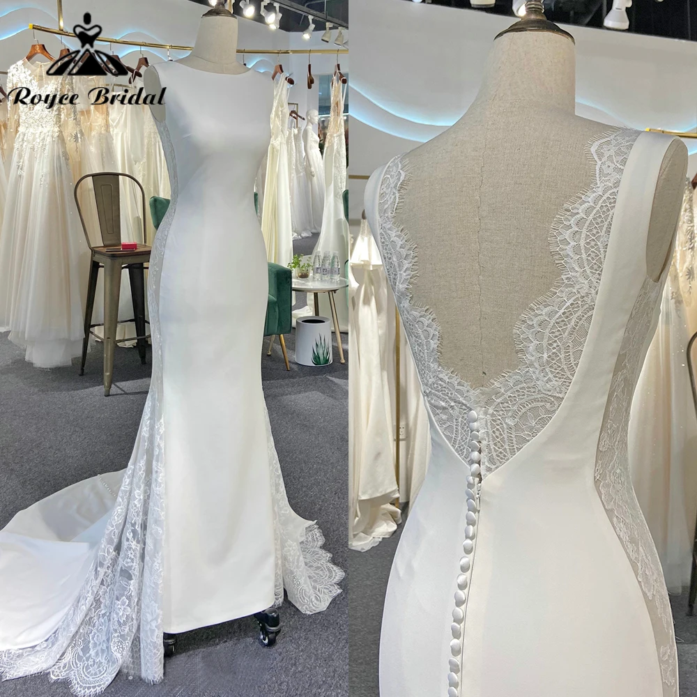 

Boho O Neck Sleeveless Sexy Open Back Button Lace Appliques Illusion Mermaid Wedding Dress Bridal Gowns Sweep Vestidos De Novia