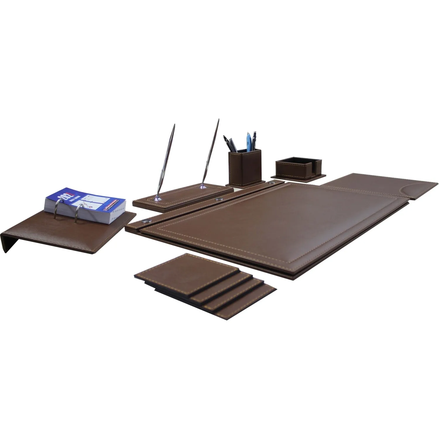 Office Desk Pad Set Brown Modern Design 8 Pcs Notepad Organizer Dual Pen Holder Notepad Mouse Pad Plaque Name Coasters