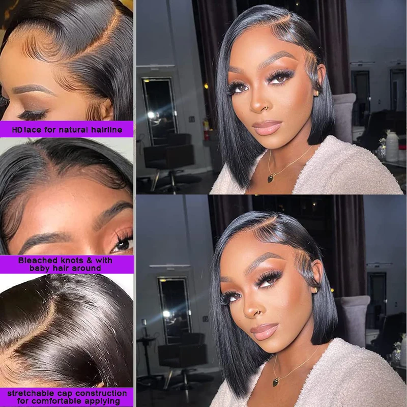 Straight Bob Frontal Wig Lace Natural Black #1B Pre Plucked With Baby Hair 200% Density Short Wigs For Women