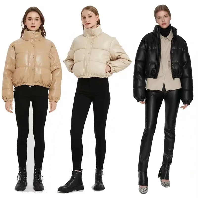 

Clothland Women Elegant PU Leather Padded Jacket Long Sleeve Thick Candy Color Female Chic Warm Winter Coat Mujer CA291