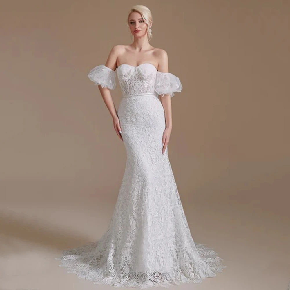 

Gorgeous Lace Wedding Dress Sweetheart Mermaid Floor Length Sexy Open Back with Belt Bridal Lace Up Custom Made Marriage Gowns