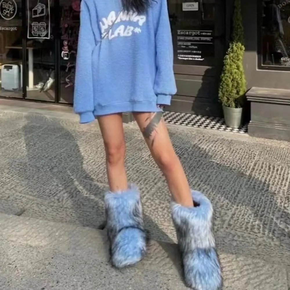 Women's Winter Snow Boots Outdoor Luxury Furry Faux Fox Fur Boots Woman Plush Warm Platform Shoes New Fashion Bottes Big Size 44