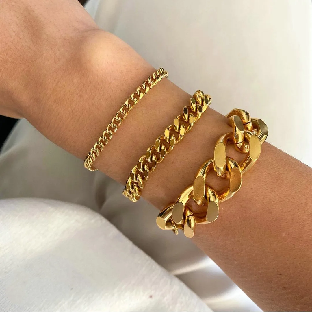 

Water Resistant Jewelry 18K Gold Plated Stainless Steel Large Chunky Miami Curb Chain Cuban Link Bracelet for Women Men