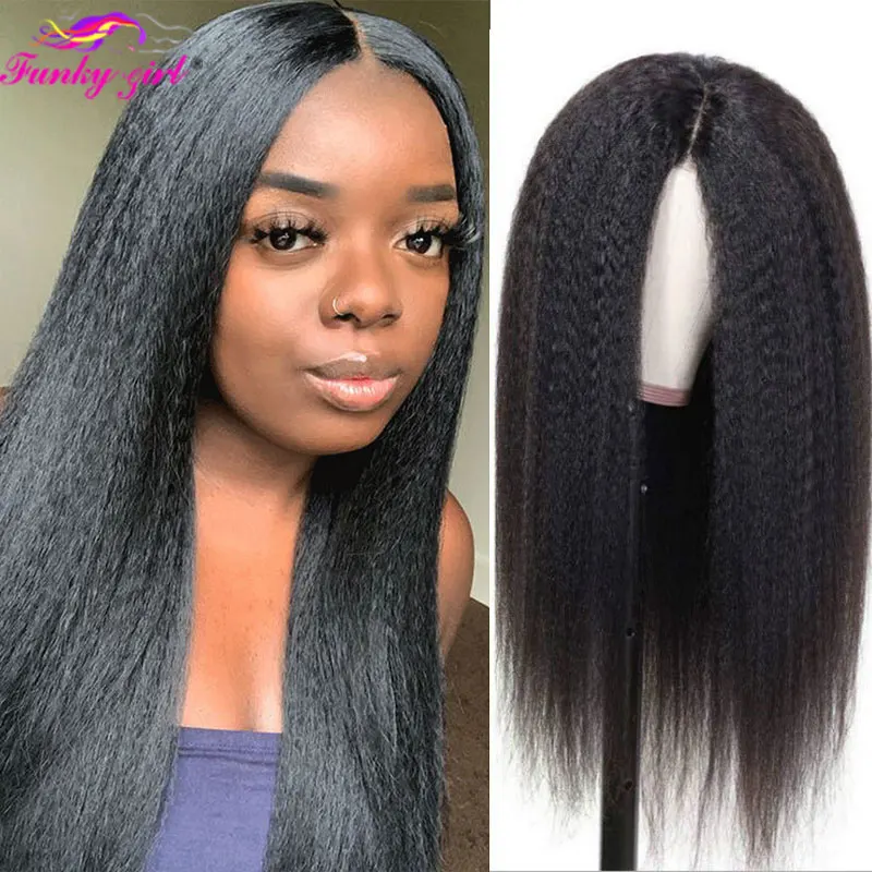 Kinky Straight T Part Lace Wig Brazilian Hair Transparent Lace T Part Human Hair Wigs For Black Women 10-30 Inch 180% Density