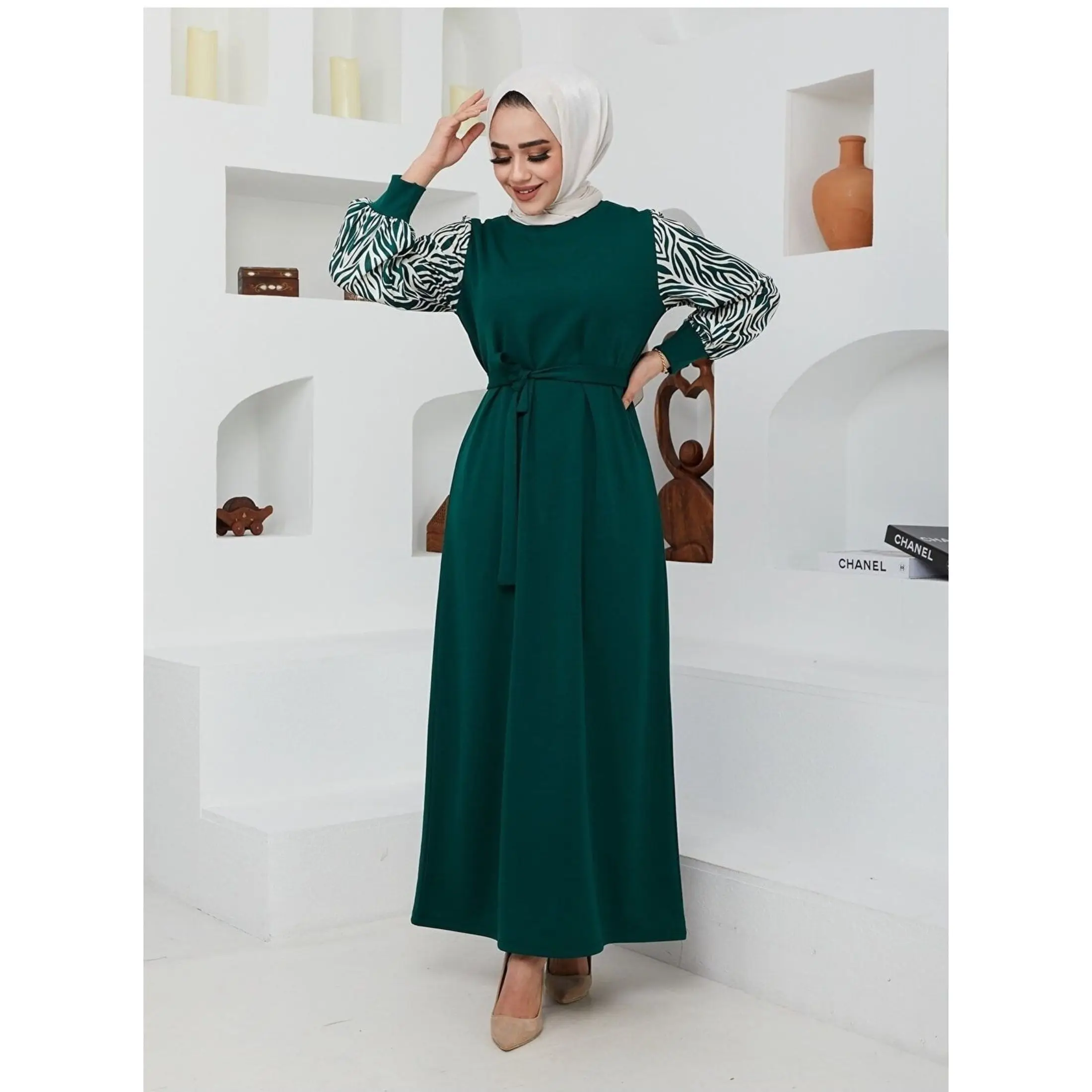 Muslim Women's Belted Zebra Pattern Maxi Dress Muslim Fashion Modest Clothing Morocain Abaya Kaftan Dubai Turkey 2023