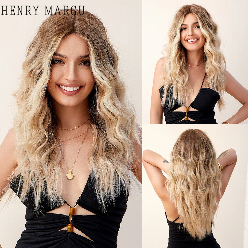 

HENRY MARGU Long Lace Front Synthetic Hair Wigs for Women Brown Blonde Ombre Wavy Natural Hairline Wig Heat Resistant Party Use