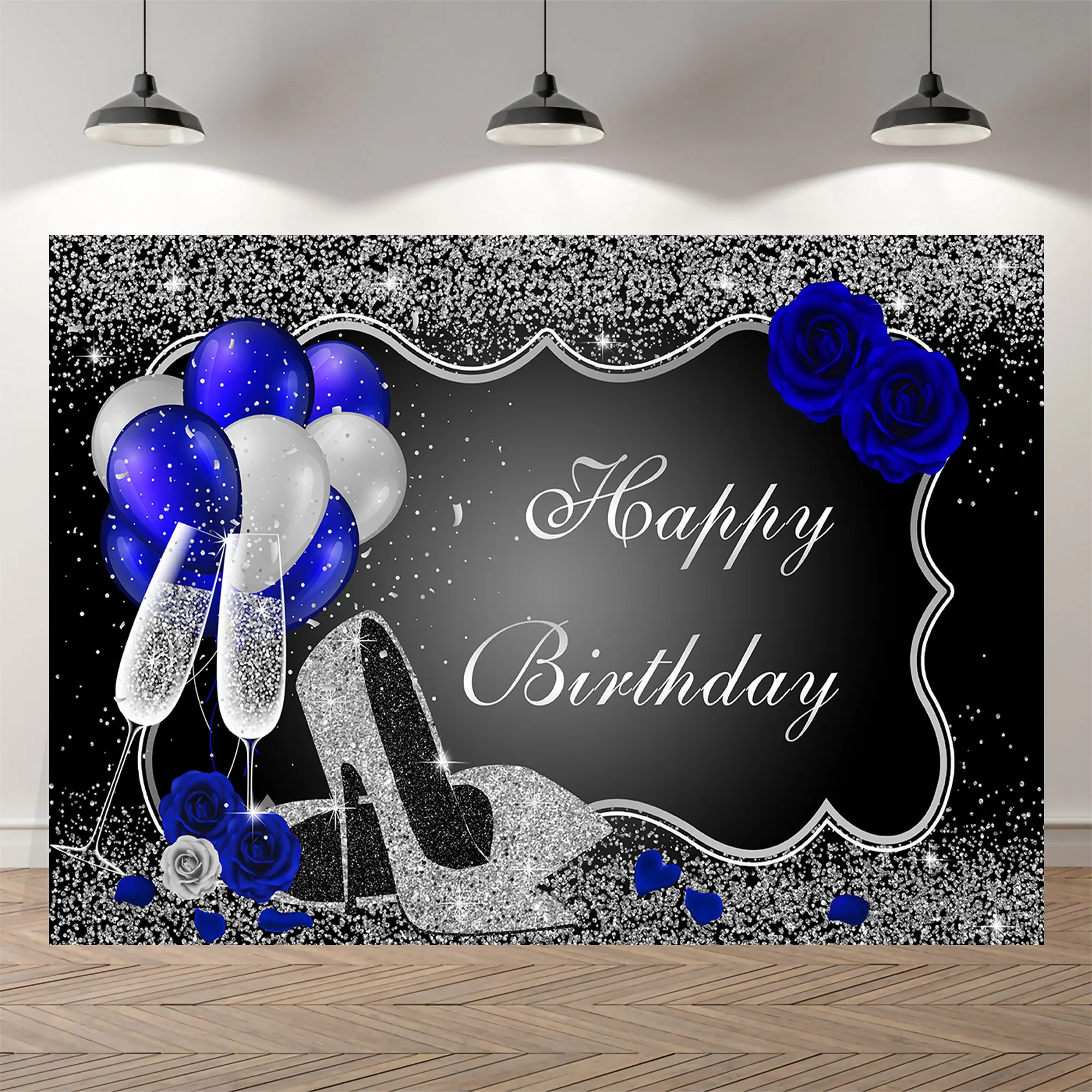 

NeoBack Happy Birthday Rose High Heel Champagne Glass Balloon Golden Glitter Party Banner Photo Backdrop Photography Background