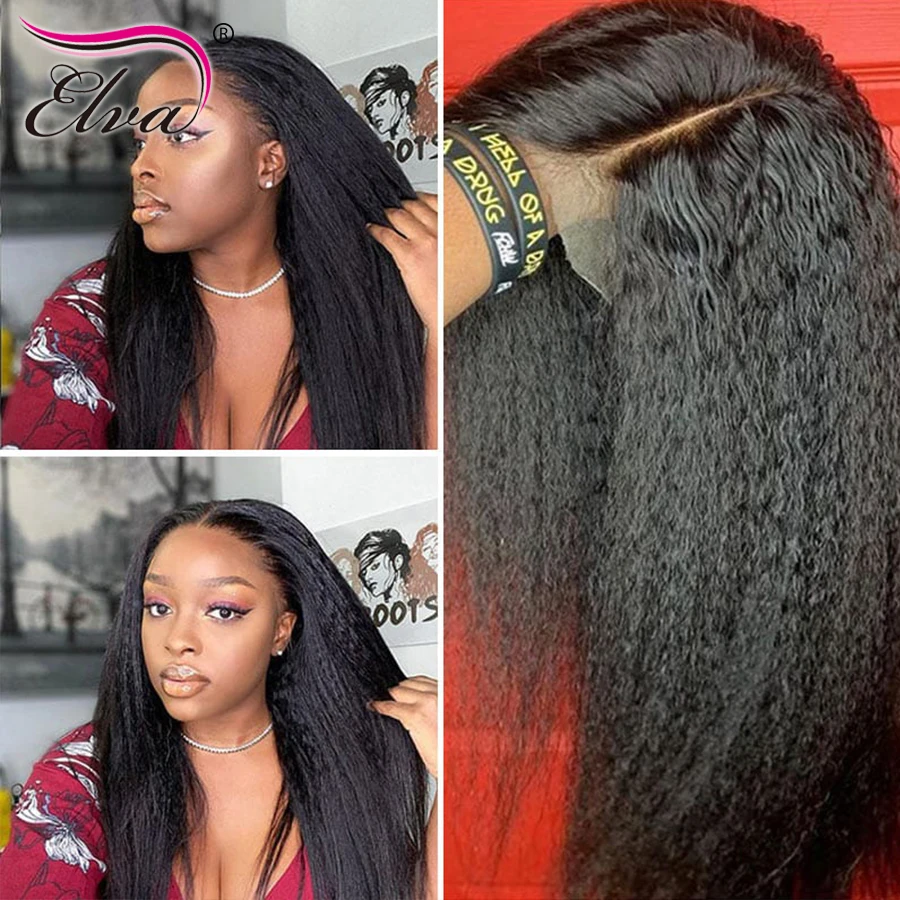 

Kinky Straight Lace Front Wig Pre Plucked Hairline Brazilian Glueless Lace Front Human Hair Wigs With Baby Hair Elva Remy Hair