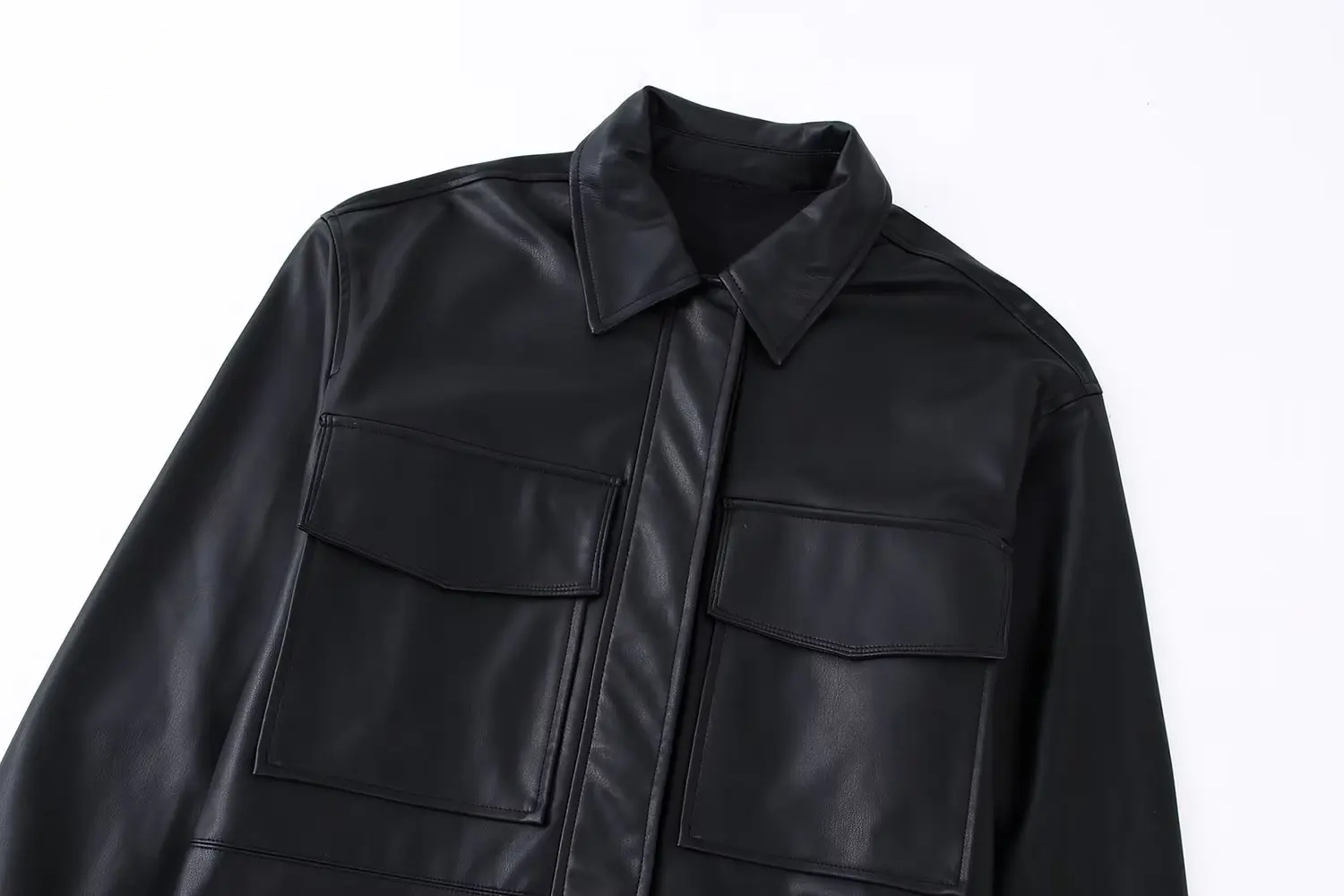 Clothland Women Chic Black PU Leather Jacket Pockets Long Sleeve Coat Vintage Casual Tops Blusa Mujer LA654