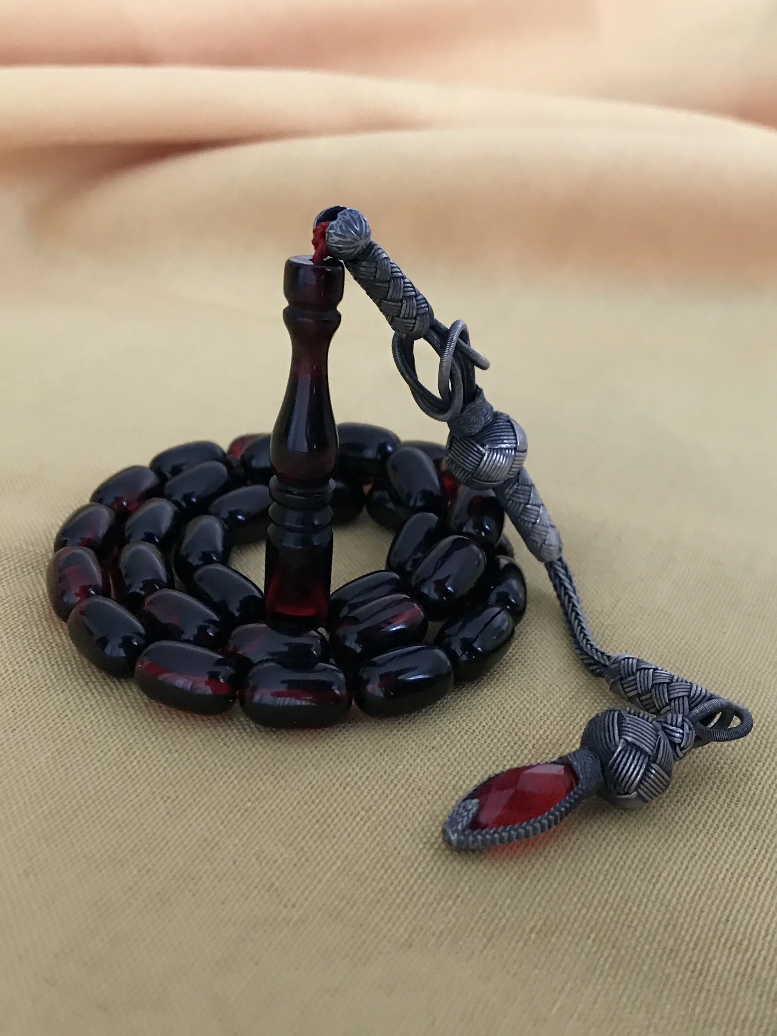 Amber rosaries 1000 Sterling silver kaziye tassels red black rosary, Islam Misbaha Muslim rosaries, luxury gift