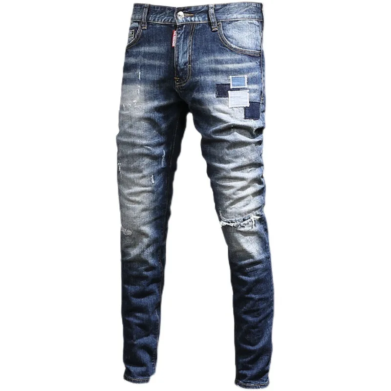 Fashionable High Street Beggar Patch Knee Hole Heavy Industry Washing Old Men'S Pants Slim Feet Youth Denim Pencil Jeans