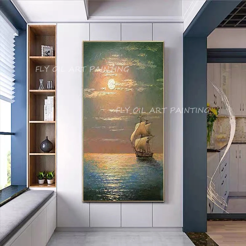 100% ручная роспись фотообои абстрактный морской пейзаж с парусником толстый нож
